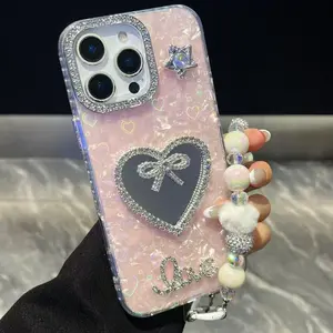 Laser Transparent Heart Pattern Phone Case with Diamonds Love Heart Shape Complementary Mirror Feature Bowknot Case Pearl String Chain Shockproof, Durable Protection Protector, Cell Phone Protective Cover, Compatible with iPhone 17 16 12 13 14 15 Pro