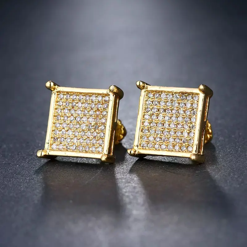 Men’s Gold Plated Square Stud Earrings Set - Iced Out Bling Effect Cubic Zirconia Studs, Hip Hop Costume Jewelry Accessories, Gold Earrings Studs, Hip Hop Outfits
