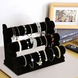 Velvet Bracelet Holder with 3 Tier Rack, Black Detachable Jewelry Display Stand T-Bar Necklace Storage Organizer for Bangles Watch Bracelets Scrunchies Organization Showcase Decoration