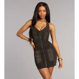 Lowkey Bold Studded Denim Bodycon Dress