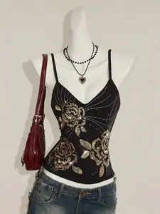 ADD2FIT x Y2k Summer Women Going Out Vintage Boho Fashion Vacation Glitter Sparkly Summer Floral Embroidered Sequin Camisole Top