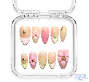 GakuNails PINK DEW 10 PCS Medium Almond Handmade Press On 3D Flower Builder Gel Spring Summer Vacation Blooming Vibe selectable size