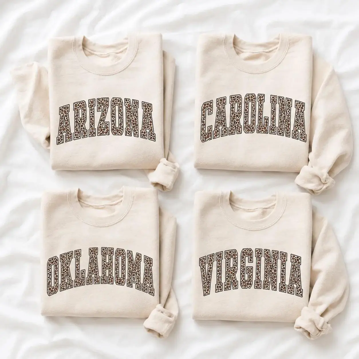 Leopard 50 States Sand Sweater, Custom Any State Name Pullover Sweatshirt, Personalized State Gift for Her, Leopard Print College Style, Unisex Crewneck