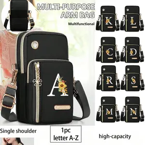 Ladies' Mobile Phone Bag, Mini Crossbody Bag With Floral Initials Pattern, Adjustable Crossbody Bag, Large Capacity Vertical Coin Purse, Equipped With Black Headphone Anti Loss Rope, Mini Casual Crossbody Phone Bag With Headphone Hole