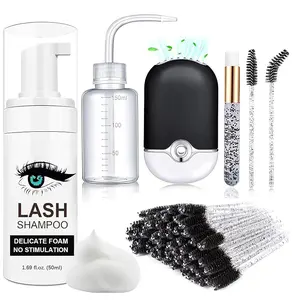 Lash Shampoo for Lash Extensions, Lash Fan with 50ml Eyelash Foam Cleanser and 50 Pcs Eyelash Brush and Rinse Bottle Oil Free/Sulfate Free Eyelash Wash Remover For Eyelash Extension Wash