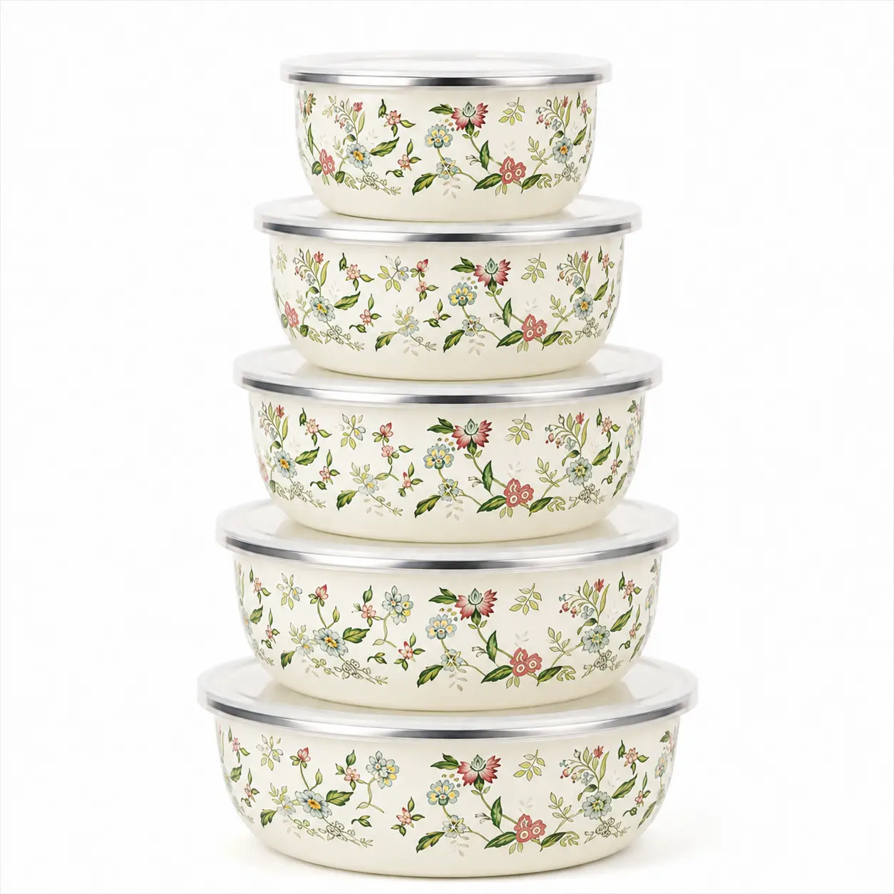 Vintage Enamel Bowls 5 Piece Set, Stackable Kitchen Bowls for Food Serving & Storage Stainless Steel Tableware Lids Lids Sturdy kit