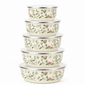 Vintage Enamel Bowls 5 Piece Set, Stackable Kitchen Bowls for Food Serving & Storage Stainless Steel Tableware Lids Lids Sturdy kit
