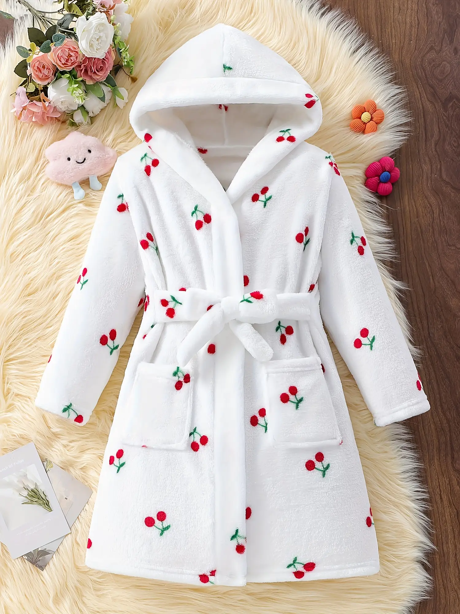 Kids Plush Hooded Bathrobe - Cute Cherry Print Viral Soft Robe for Girls Fashion