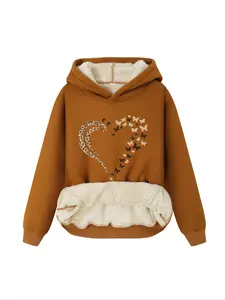 Women's Butterfly & Heart Print Plush Lined Hoodie, Casual Long Sleeve Hooded Sweatshirt for Fall & Winter,  Hoodies for Women, Women's Clothes for Daily Wear
