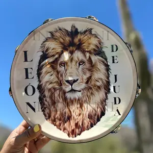 Lion Tambourine Synthetic Leather Hand Drum with Non-Slip Grip & Metal Cymbals for Pleasant Sounds