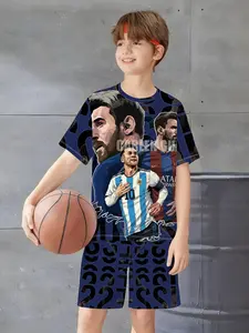 Boys' Messi Barca & Argentina Dual Jersey Print Set, Breathable Short Sleeve & Shorts, 2-Piece Kids Football Outfit