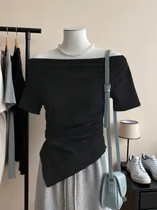 Women's Asymmetrical Shoulder Short Sleeve T-Shirt, Asymmetrical Design, Casual Daily Wear Top, Casual Fashionable Top, Comfortable & Stylish Ladies Tee for Everyday Use