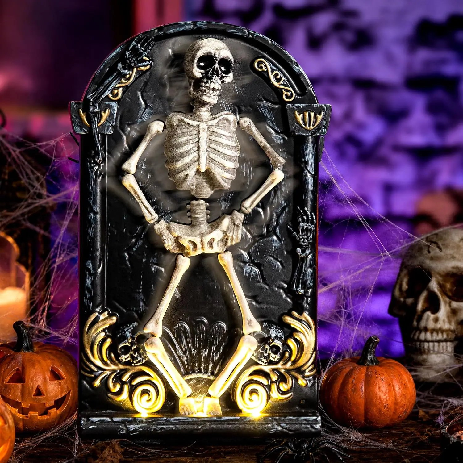 Halloween Decorations Animatronic Dancing Skeleton Built-in Tombstone with Music, Posable Arms & Legs Haunted House Spooky Decor Horror Prop for Indoor/Outdoor Halloween Party Garden Yard Decor