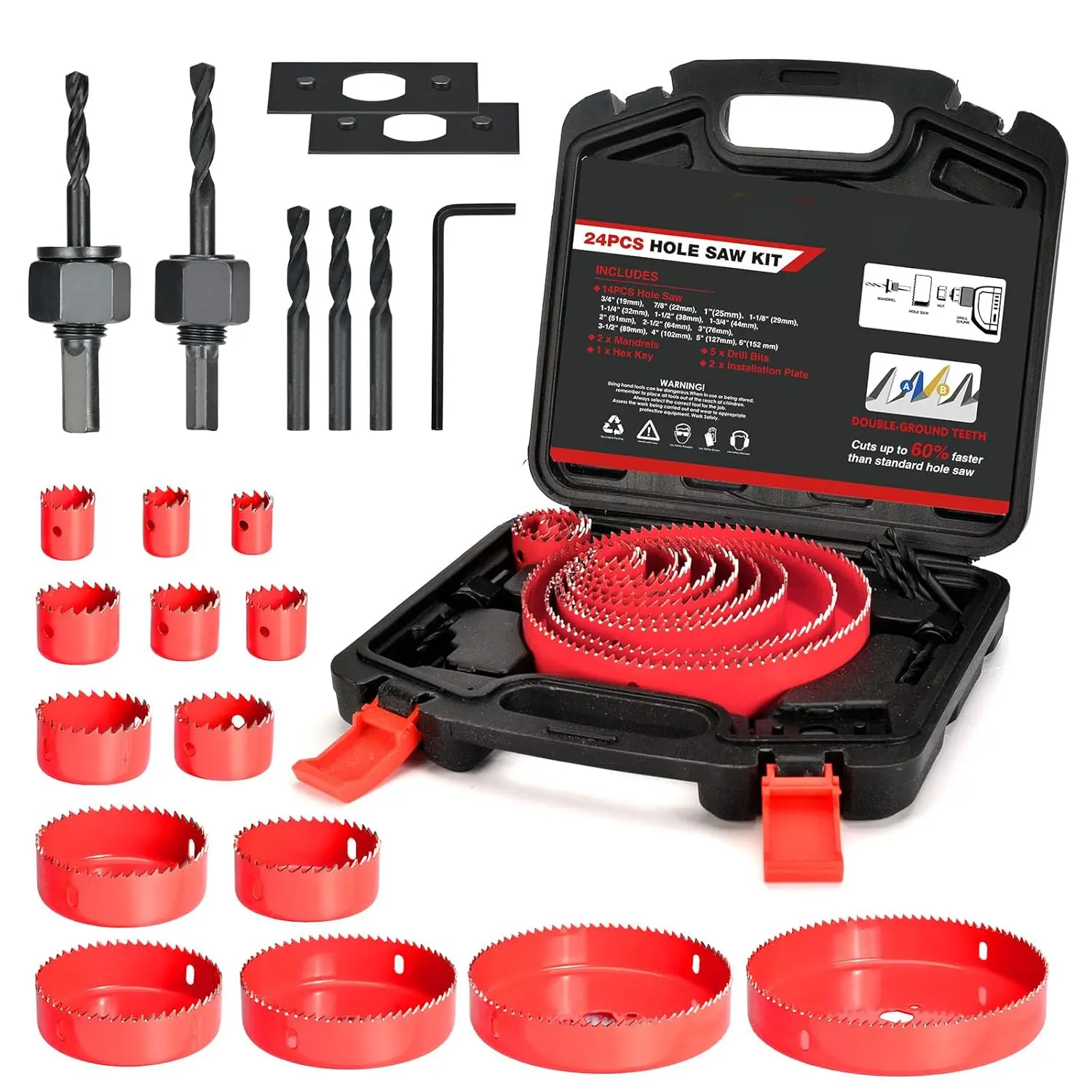 Hole Saw Set 24 PCS Double-Ground Teeth Hole Saw Kit, Hole Saw Drill Bit Kit, 3/4"-6" (19-152mm) 14 PCS Saw Blades, for Drywall, Soft Wood, Plywood, Plastic, PVC