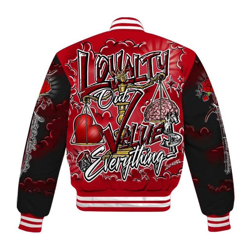 Bred Velvet 11s - Loyalty Wins Everything All Over Print Baseball Jacket Unisex Outfits, Stylish Unisex Streetwear Outerwear, Sneaker Match Gifts Idea for Her Him, Varsity Jacket Fan Shirt