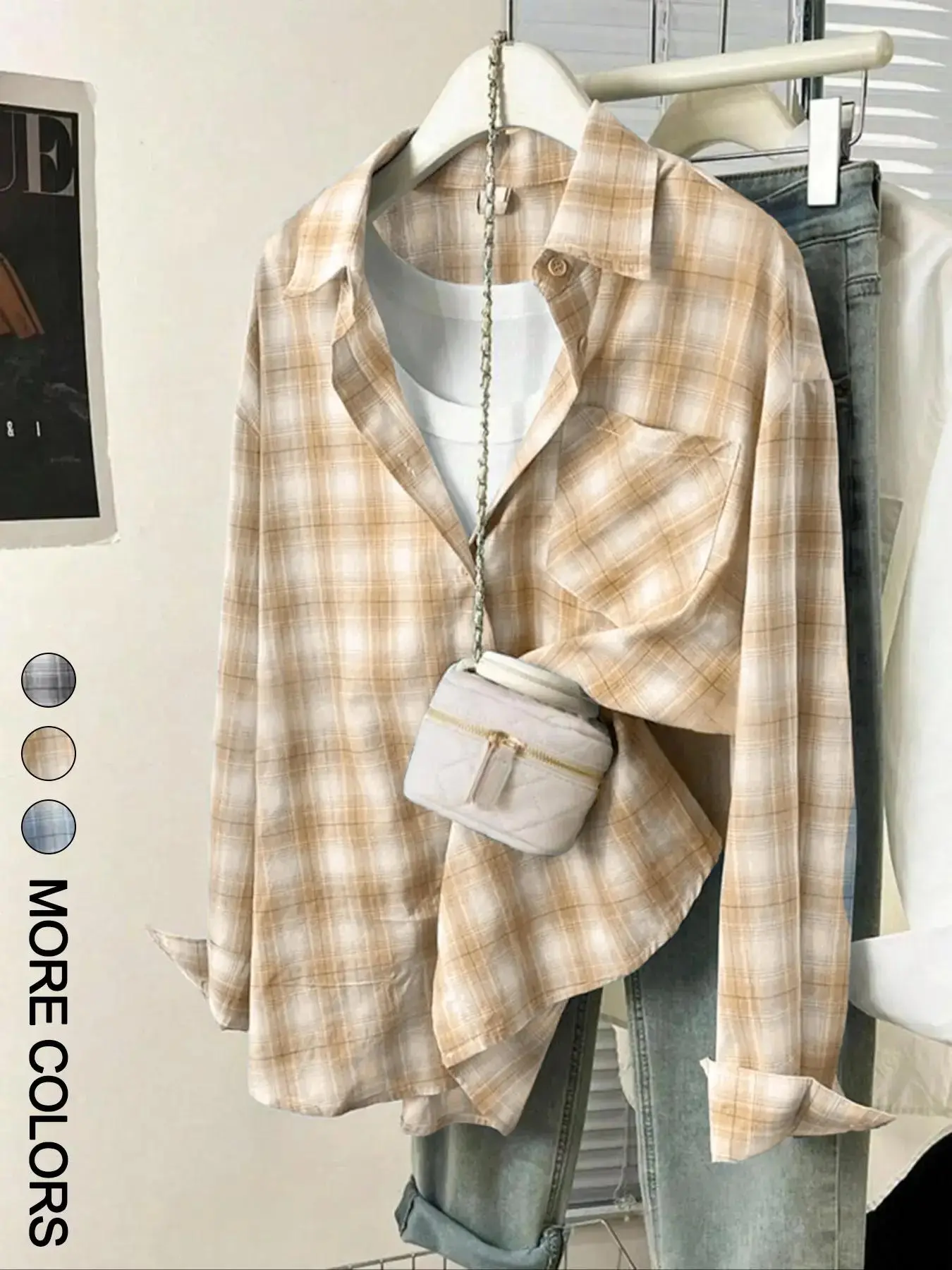 1 Piece Classic Collar Long Sleeve Buttoned Cuff Loose Plaid Collared Shirt Blouses for Daily Casual Outfit Preppy Style contemporary go to essential elegant slim fit figure flattering
