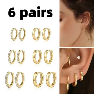 6 pairs Small Hoop Earrings Hypoallergenic Cubic Zirconia Gold Hoop Cartilage Huggie Earring Thick Lightweight Earring for Women Jewelry