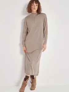 High-Neck Cotton Knit Dress with Zipper -Taupe, Autumn Fashion, 95% Cotton 5% Elastane, Soft Fabric, Elegance & Comfort