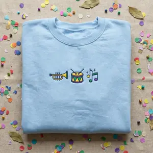 Embroidered Mardi Gras Music Icon Sweatshirt, Jazz Trumpet and Drum Crewneck, New Orleans Parade Shirt, Musical NOLA Festival Gift