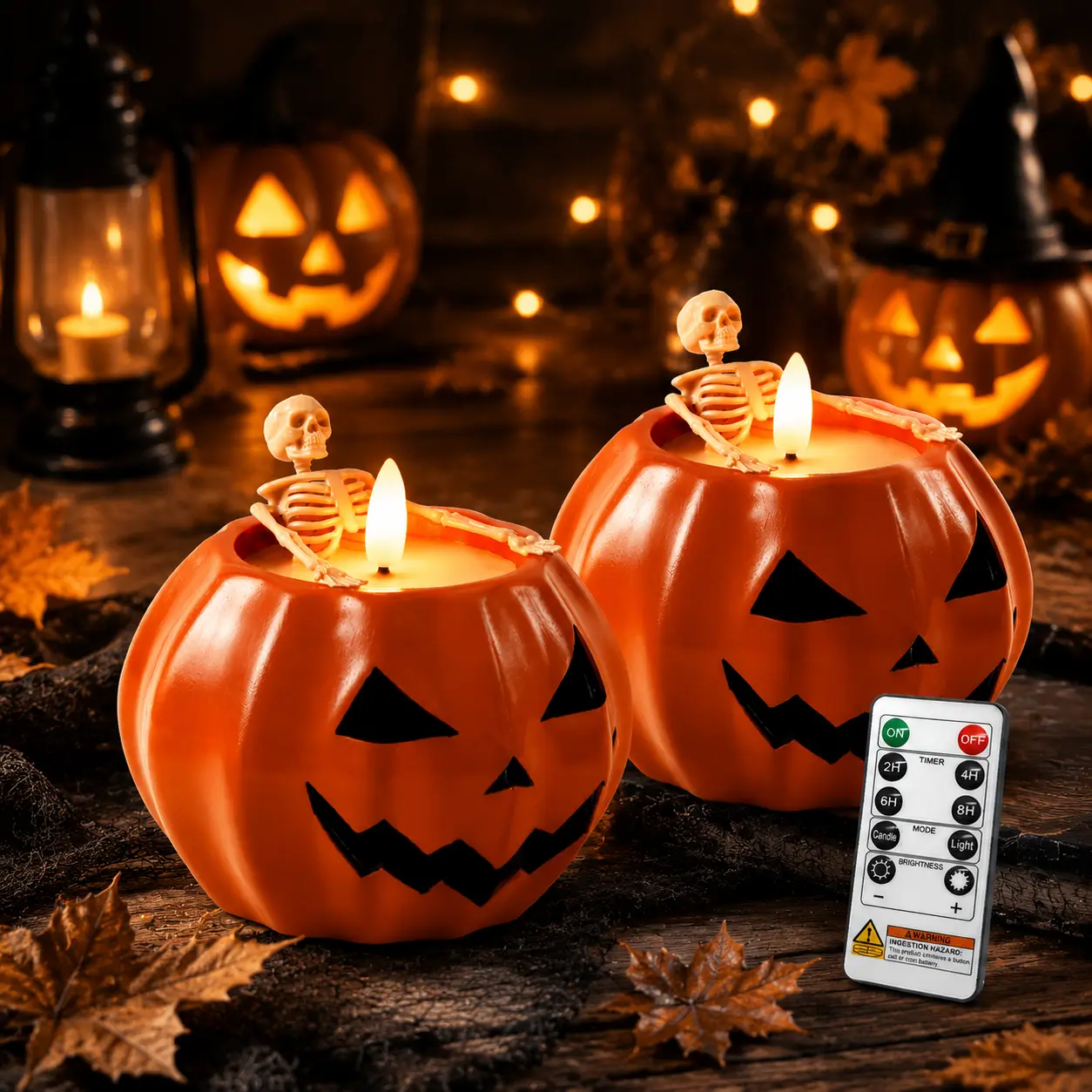 Halloween Flameless Pumpkin Candles, LED Real Wax Pumpkin Lamp with Skeleton, Flickering Battery Operated Candles with Remote for Halloween Decor, Theme Party, Holiday Gift, Orange Back to School Summer Sale Deals