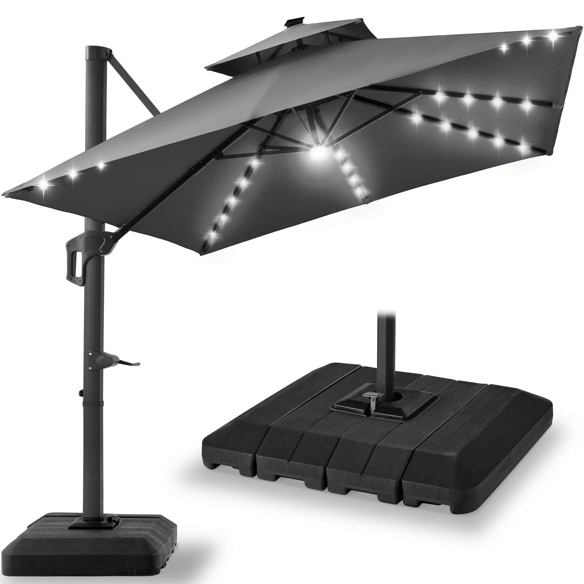 Best Choice Products 10x10ft 2-Tier Square Outdoor Solar LED Cantilever Patio Umbrella w/ Base Included