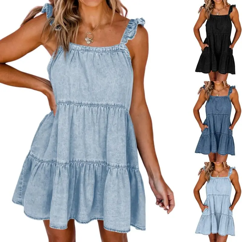 Imily Bela Womens Summer Denim Dress Square Neck Ruffle Trim Sleeveless Babydoll Dress Flowy Jean Dress with Pockets