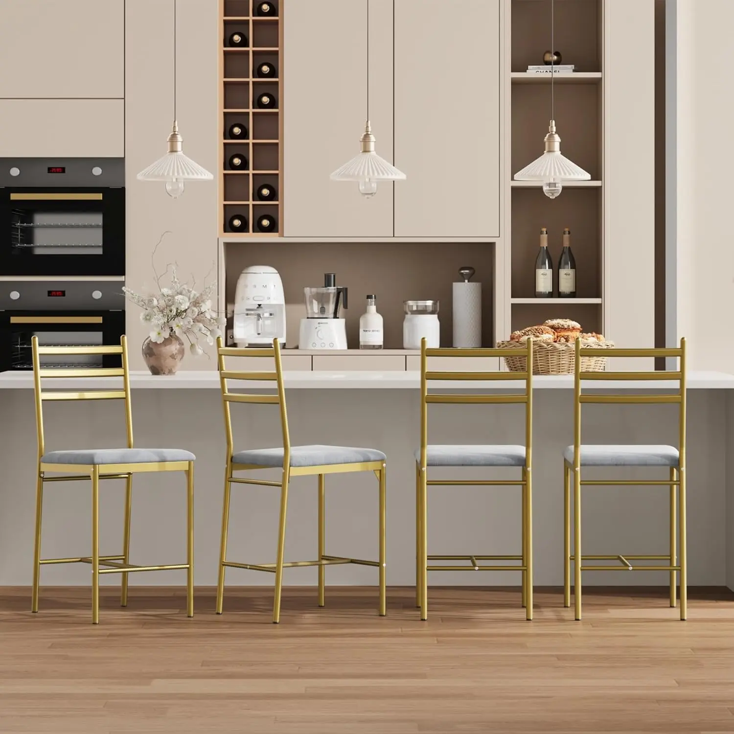 GAOMON 4-Piece Modern Barstool Set - Gold PU Leather Barstools Counter Height with Footrest Stool, Thick Cushioned Upholstered Back Chairs, Bar Height Dining Room Furniture for Kitchen Islands & Apartments, Foot Rest Stool