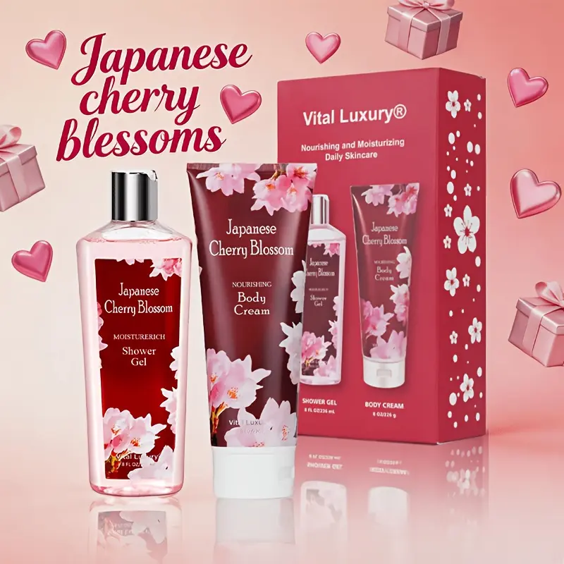 Vital Luxury  2pcs/Cherry Blossom Fragrance Bath Set - Shower Gel 8oz/236ml + Body Lotion 8oz/226g, Rich In Aloe Vera And Vitamin E, Gently Cleanses, Provides Long-lasting Moisture, Nourishes Dry Skin, Non-greasy In Summer, Ideal For Daily Skincare!