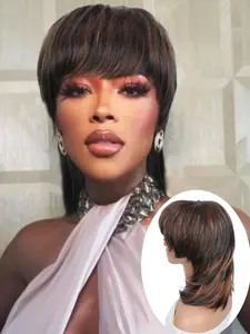 Mullet Wig Pixie Cut for Women, Shaggy Layered Synthetic Hair, 70s 80s 90s Style, Natural Wolfcut, 14 Inch Straight Wig with Bangs