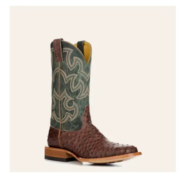 Cavender's Men's Endurance Deep Green and Brown Ostrich Print Wide Square Toe Cowboy Boots