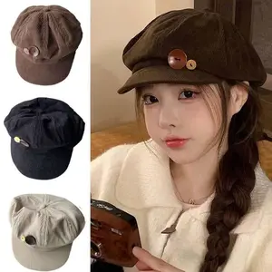 Women's Spring Summer Fall Octagonal Hat, Button Corduroy Painter Cap, Versatile Face-Slimming Newsboy Style, 2026 Fashion Accessory