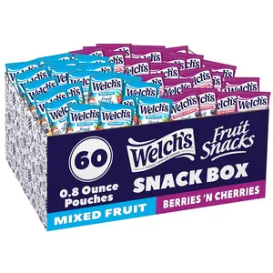 Welch's Fruity Vitamin Fruit Snacks Variety Box - Sweet, Gluten-Free, Artificial Ingredient-Free, 0.8oz Packs (Pack of 60) with Mixed Fruit, Berries 'N Cherries Flavors, Natural Candy