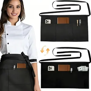 Waiter Apron with 3 Pockets, Water and Oil Stain Resistant, Waist Apron, Female Style Bistro Apron, Men's Kitchen Apron Solid