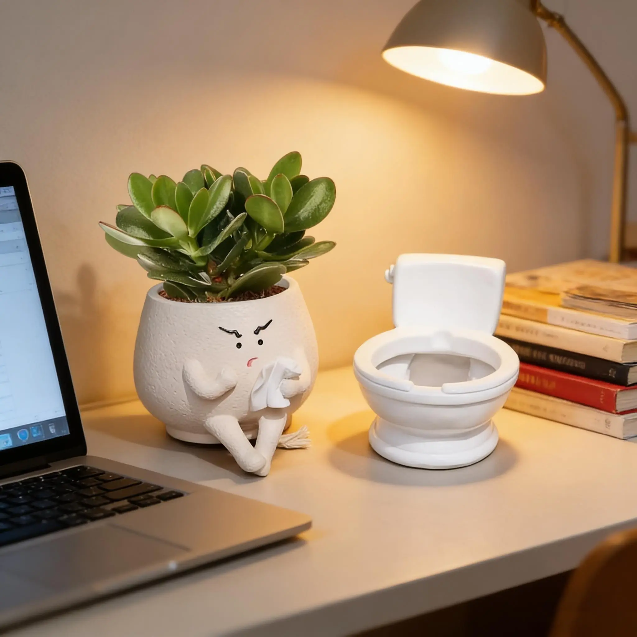 Funny Toilet Seat Succulent Planter Decor, Creative Cute Plant Office Desk Decoration, Stress Relief Pot Tray Ornament
