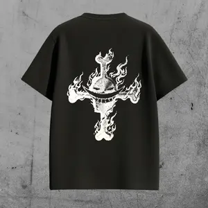YZStudio 200g Heavyweight 100% Cotton T-Shirt - White Skull Flame Anime Streetwear Loose Fit Graphic Tee