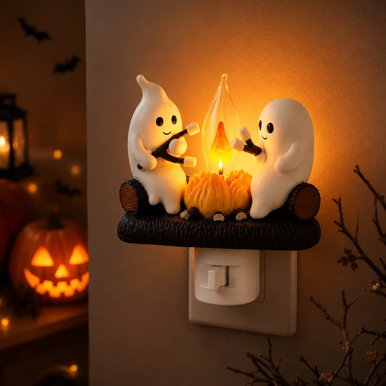 Ghost Campfire Night Light, 3D Marshmallow Ghost LED Flickering Flame Lamp, Cute Electric Faux Campfire Light for Halloween Indoor Decorations, Bedroom, Desk, Office & Spooky Home Decor
