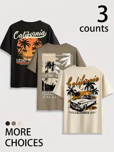 Men's 3-Piece California Vintage Print T-Shirt Set, Palm Tree & Retro Car Prints, High-Quality Soft Breathable Fabric, Streetwear Summer Casual