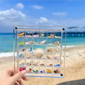 Square Organic Glass Shell Storage Box, Transparent Specimen Display Case with 36 Small Shell Compartments, Magnetic Lid, High Transparency, Ideal for Daily Collection