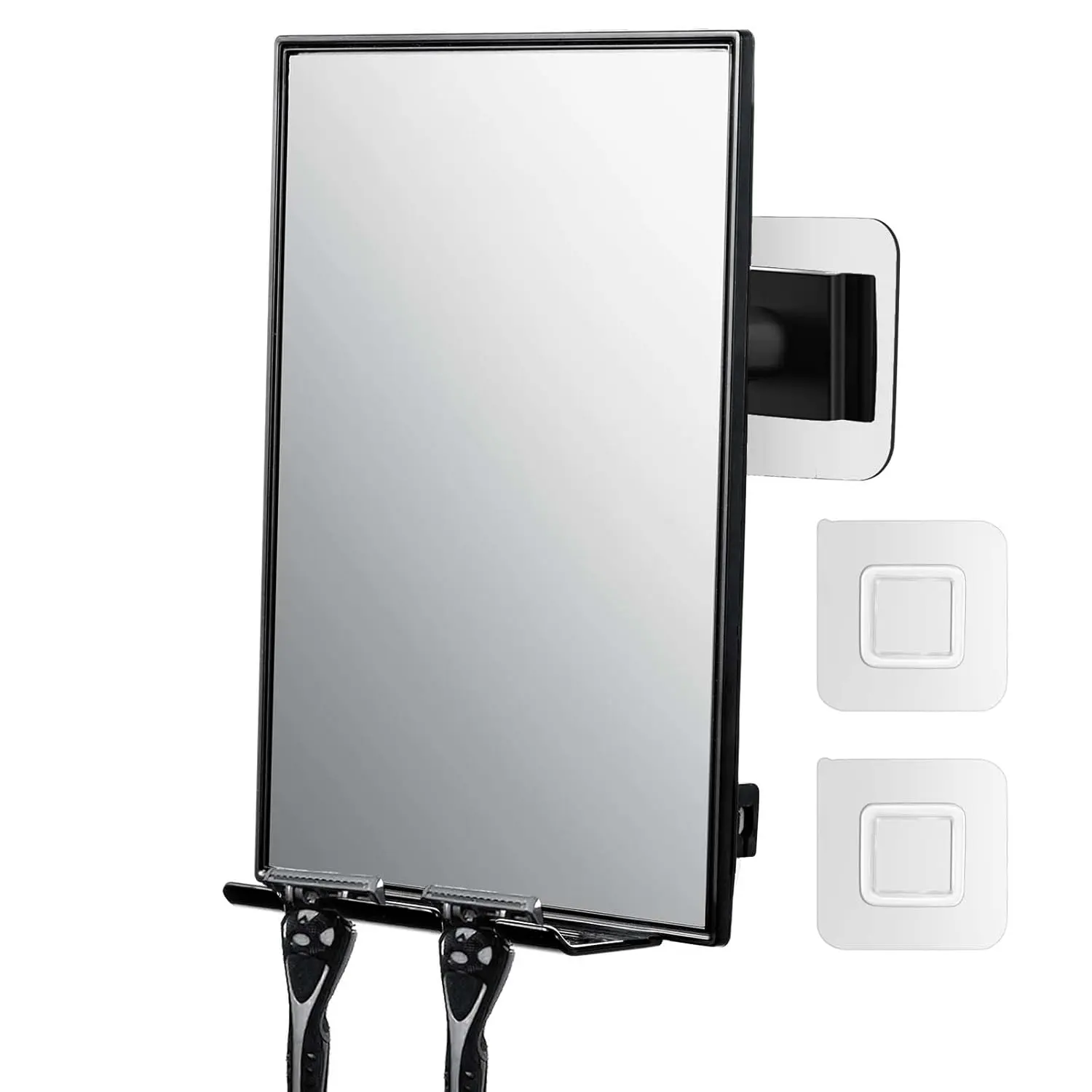 Modern Non-Fog ABS Rectangle Wall Mirror for Bathroom Users - 360° Rotatable Adjustable Shaving Gadget with 2 Replaceable Refresh Grip Adhesives, 2 Razor Holders, Squeegee, Convenient Home Bathroom Supply