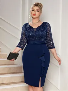 MISSMAY P54323A Plus Deep V-Neck Sequin Floral Lace Contrast Ruffle Trim Split Hem Evening Party Bodycon Dress, Semi Formal Wedding Guest Dress, For Prom, Birthday, Graduation, Dinner, Homecoming