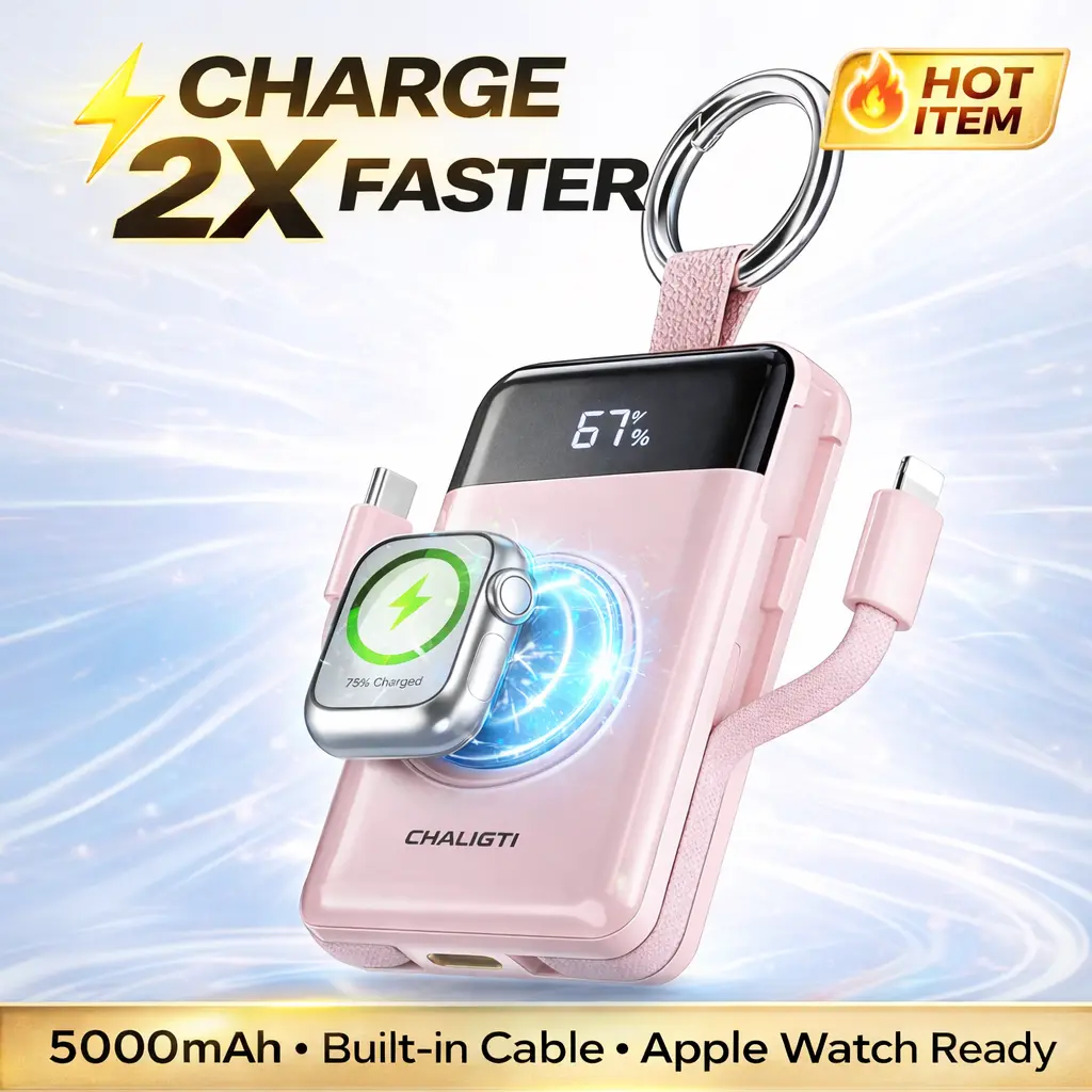 5000mAh Portable Charger PD 20W Fast Charging Power Bank with Built-in Cables Keychain Travel Battery for iPhone 11-17 Apple Watch Ultra SE Chargeable