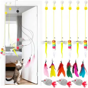 Interactive    for Indoor Cats, 16 count Door  Toys Set with Feathers, Chirping Mice Retractable Teaser Toys for Kitten Play Chase Exercise