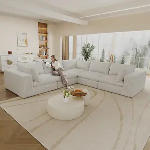 118" V Shaped Modern Sofa Modular Sectional Cloud Couch, Deep Seat Upholstered Couches with Plush Corduroy Fabric for Living Room Furniture,Bedroom and Apartment,No Assembly Required, White