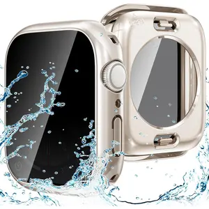2-in-1 waterproof privacy case for Apple Watch screen protector 44mm se series 6 5 4, front anti spy tempered glass face cover back bumper for iWatch accessories 44mm