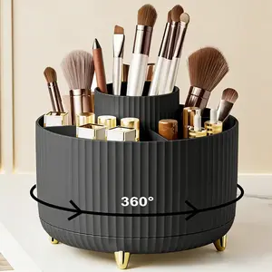 UFORU 360° Rotating Makeup Organizer 5 Compartments Luxury Stripe Cosmetic Brush Holder Multi-functional Desktop Storage Box for Brushes Lipstick Skincare Jewelry Stationery