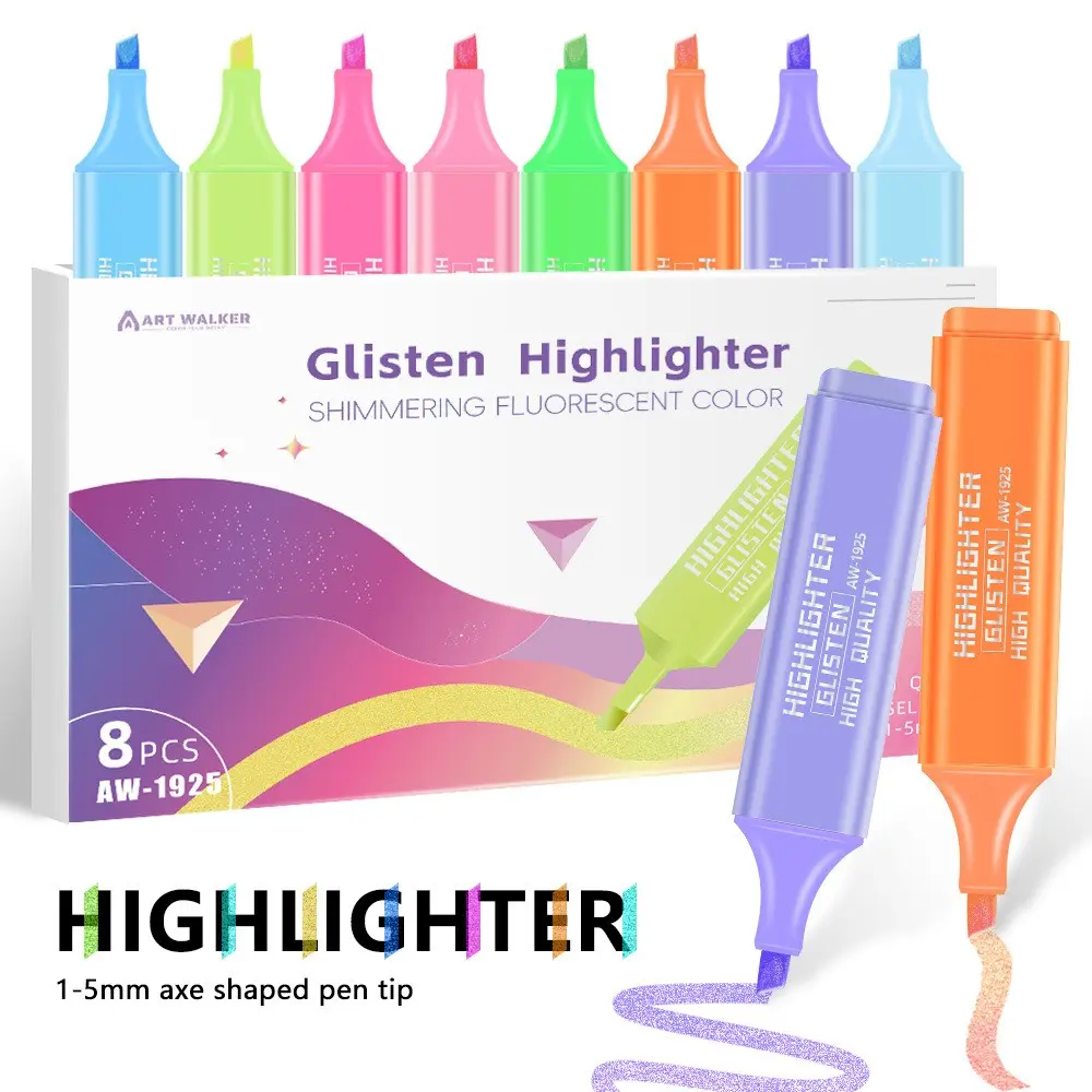 Shiny Highlighter Fluorescent Pen, Student Study Marking Color Marker Pens, Slanted Tip Glitter Pen, Greeting Card Base Coloring Doodle Pen, Highlighters Pens