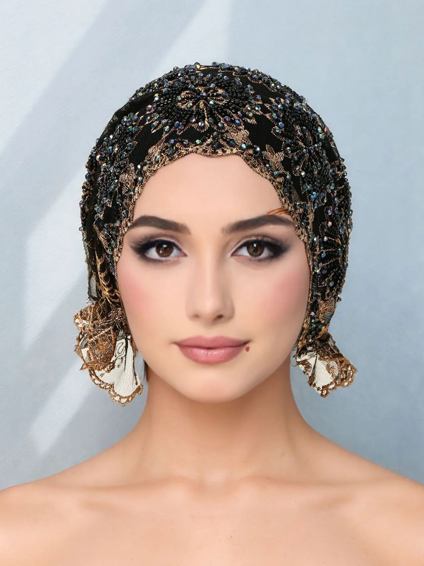 Elegant Beaded Lace Headscarf Hat for Women, Polyester Jacquard Scarf with Drawstring, Perfect for Ramadan, Chemotherapy, Eid, Casual Wear