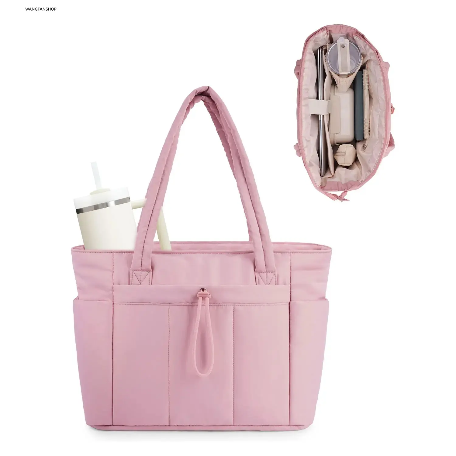 Women’s lightweight nylon tote bag with broderie anglaise stitching, multi compartments, laptop shoulder bag, includes a water bottle holder and suitcase handle sleeve; suitable for office, school, and travel.