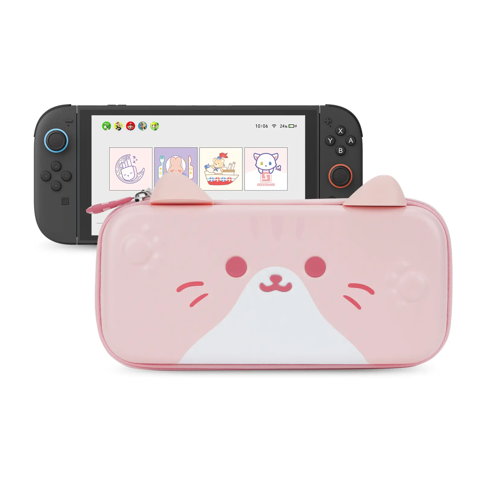 GeekShare Carrying Case Compatible with Switch 2 (2025) 7.9 Inch, Hard-Shell Slim Travel Case with 10 Game Card Slots for Switch 2 Console and Accessories, Cat Ear (Pink)