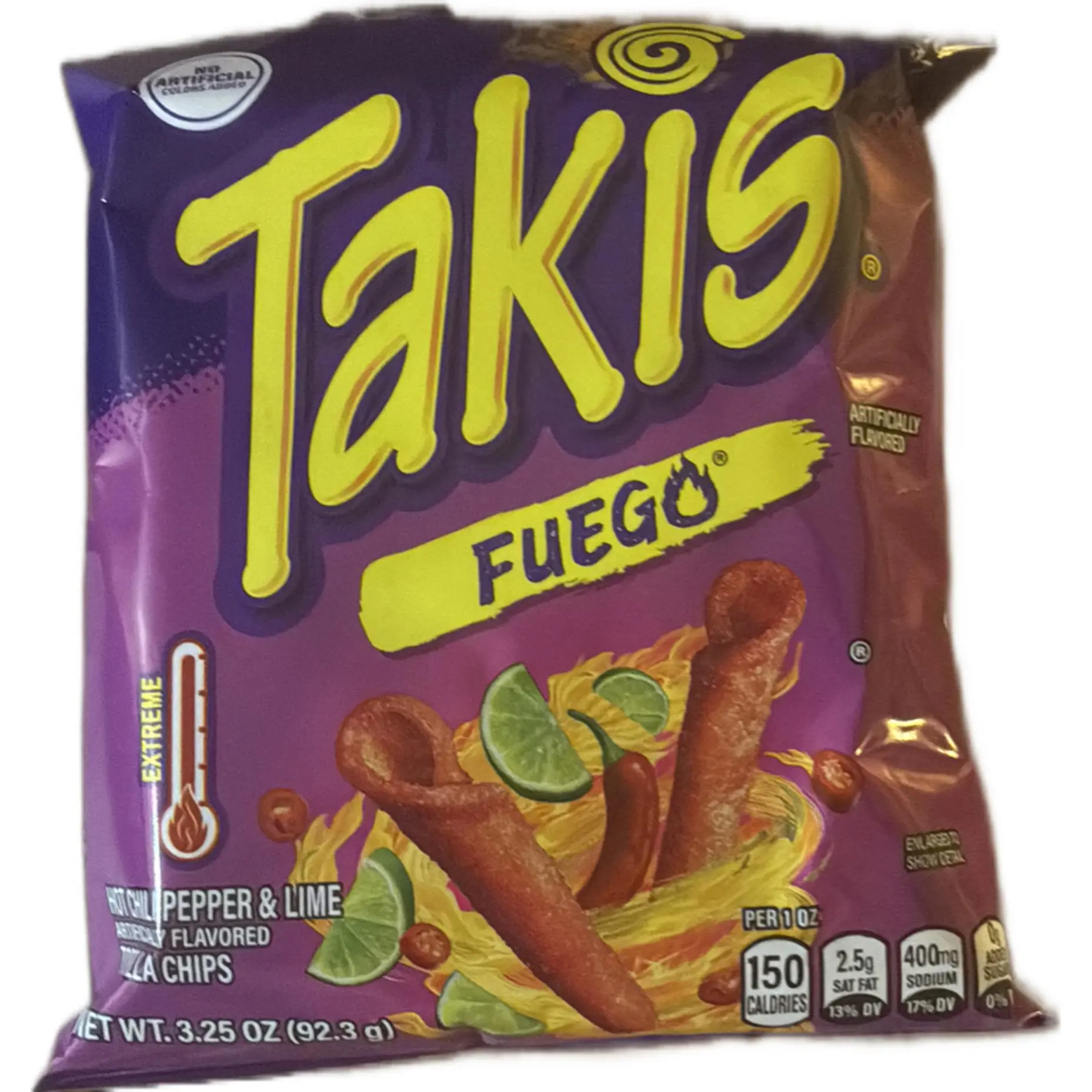 Takis Fuego Crispy Puffed Snacks, 20-Count, 3.25 oz Each, Extreme Jalapeno & Lime Flavor, 150 Calories per Serving, Gluten-Containing Snack